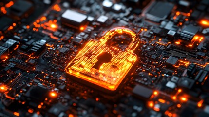 Close-up of a glowing digital padlock amid binary code and data streams, symbolizing cyber security. The futuristic style makes it ideal for media on technology, digital safety, and data protection.