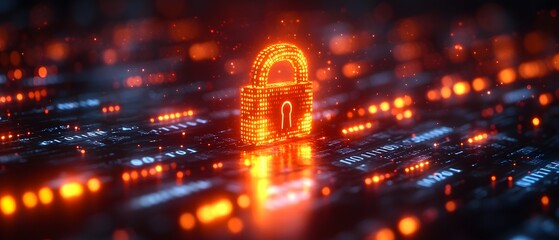 Close-up of a glowing digital padlock amid binary code and data streams, symbolizing cyber security. The futuristic style makes it ideal for media on technology, digital safety, and data protection.