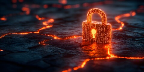Close-up of a glowing digital padlock amid binary code and data streams, symbolizing cyber security. The futuristic style makes it ideal for media on technology, digital safety, and data protection.