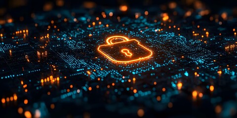 Close-up of a glowing digital padlock amid binary code and data streams, symbolizing cyber security. The futuristic style makes it ideal for media on technology, digital safety, and data protection.