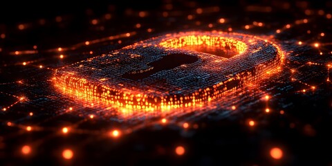 Close-up of a glowing digital padlock amid binary code and data streams, symbolizing cyber security. The futuristic style makes it ideal for media on technology, digital safety, and data protection.