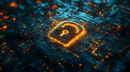 Close-up of a glowing digital padlock amid binary code and data streams, symbolizing cyber security. The futuristic style makes it ideal for media on technology, digital safety, and data protection.