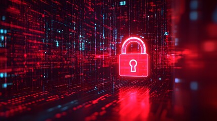 Close-up of a glowing digital padlock amid binary code and data streams, symbolizing cyber security. The futuristic style makes it ideal for media on technology, digital safety, and data protection.