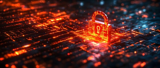 Close-up of a glowing digital padlock amid binary code and data streams, symbolizing cyber security. The futuristic style makes it ideal for media on technology, digital safety, and data protection.
