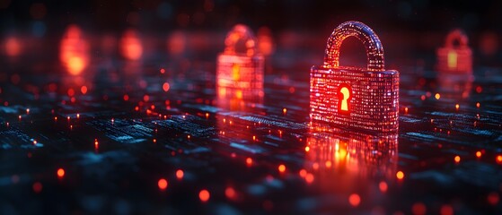 Close-up of a glowing digital padlock amid binary code and data streams, symbolizing cyber security. The futuristic style makes it ideal for media on technology, digital safety, and data protection.