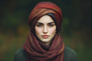 A woman wearing a scarf and a hat with a red and gold pattern