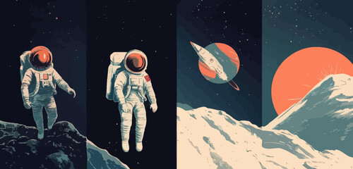 Wall Mural - futuristic space exploration astronauts and rocket in distant universe vector art