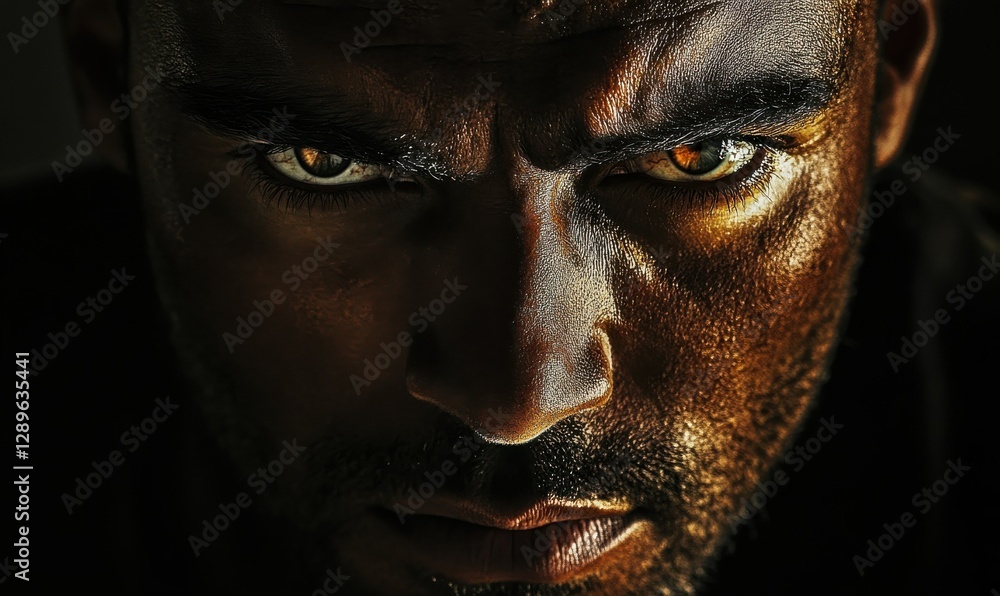 Rugged portrait of a man with intense eyes illuminated by dramatic ...
