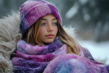 Wall Mural - A girl wearing a purple and pink hat and scarf is sitting in the snow