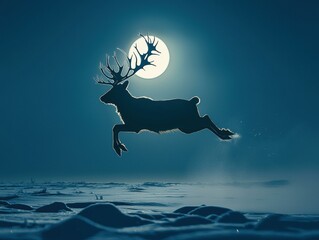 Canvas Print - Majestic deer leaps at night. AI.