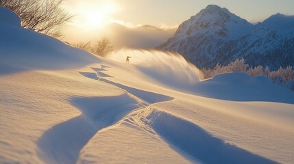 Wall Mural - Snowboarder carving track at sunrise in mountain peaks