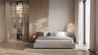 © Liliia - Stylish bedroom interior with closet and wooden panel, 3D Rendering
