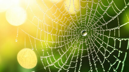 Wall Mural - Beautiful spider web in wild field with dew in morning in Spring.