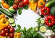 © ANUAR - Fresh and Colorful Assortment of Vegetables Including Tomatoes, Cucumbers, Peppers, and Herbs on a White Background for Healthy Cooking and Nutrition