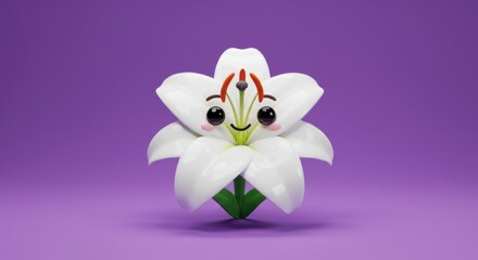 Wall Mural - Whimsical cartoon flower character with smiling face, set against a vibrant purple background