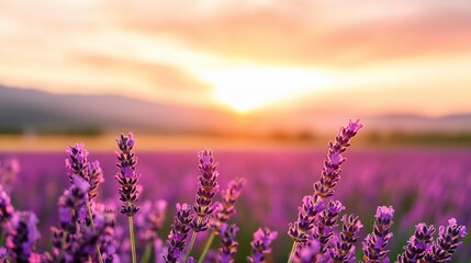 Wall Mural - Lavender field sunset landscape; peaceful nature scene