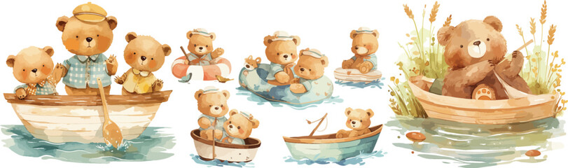 Wall Mural - bear in boat watercolor clipart