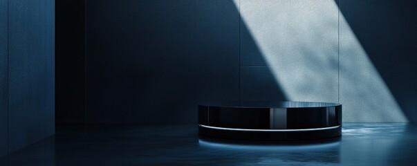 A glossy black podium illuminated in dramatic lighting, ideal for product display concepts