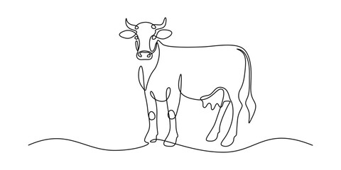 Poster - Cows on pasture in One continuous line drawing. Milk calf animal grazing symbol and beef meat farm concept in simple linear style. Editable stroke. Doodle vector illustration