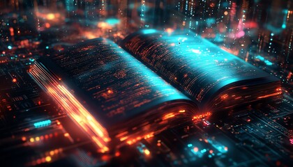 Fototapete - Colorful digital book with neon light trails emanating from open pages, set against a futuristic background filled with glowing technology and digital elements