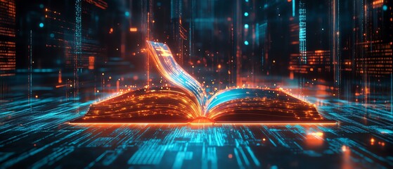 Fototapete - Digital book with luminous neon light trails flowing from the pages, surrounded by a futuristic setting of glowing tech, neon grids, and advanced digital elements