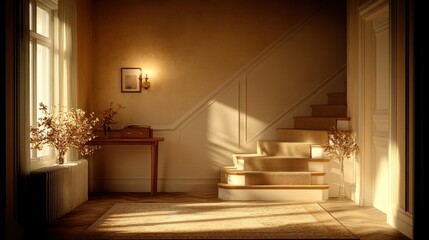 Wall Mural - Sunlit hallway with stairs and antique decor