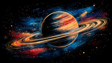 Wall Mural - a vibrant depiction of a planet with rings surrounded by colorful cosmic elements, set against a dar