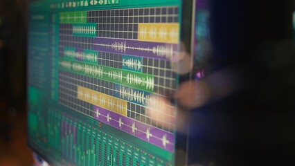 Leinwandbilder - Digital audio workstation software on computer at home studio used for recording music and mixing it in post production, modern devices. Acoustical engineering and signal processing gear. Close up.