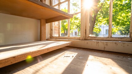 Sticker - Sunlit room, old shelves, window view