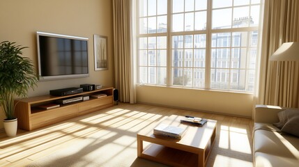 Canvas Print - Sunny apartment living room, city view. Home interior design, relaxing atmosphere