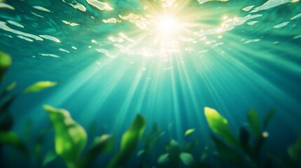 Wall Mural - Underwater sunbeams illuminate green sea plants