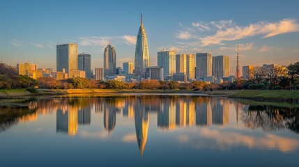 Wall Mural - Golden hour cityscape reflected in calm water.