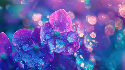 Wall Mural - Vibrant purple and blue hydrangea blossoms with water droplets, bokeh background.