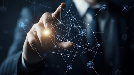 Wall Mural - businessman touching a digital network and connection on a transparent screen with a finger