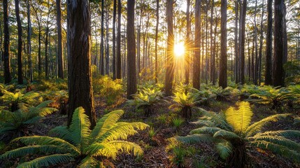 Wall Mural - Golden sunset illuminating ferns in a lush forest.