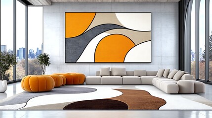 Wall Mural - Wide view minimalist living room with abstract art