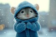 © A - Social promotion - animal care. Sad cute adult animal mouse in winter warm clothes, visible breath from nose and mouth in cold atmosphere. Problem of struggling animals. Zoo arctic studies.