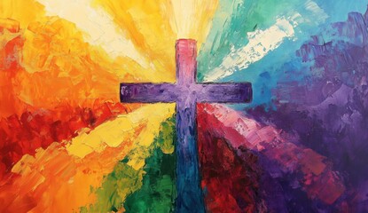 Wall Mural - An abstract painting of a cross with vibrant colors, with rays emanating from behind it Generative AI