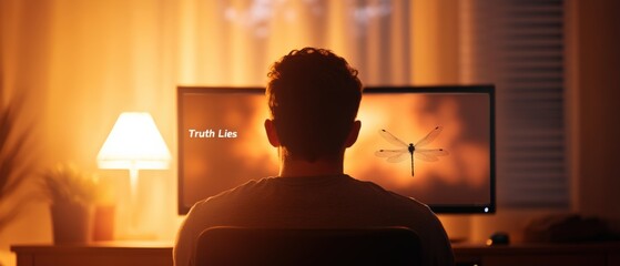 man looking at computer with dragonfly image and text