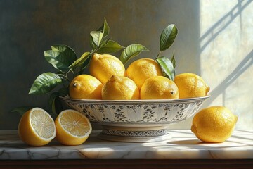 Vibrant yellow lemons with leaves in a decorative bowl on marble table under natural light