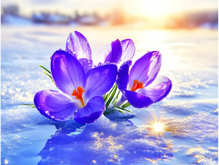 Sticker - Stunning Crocus Flowers in Melting Snow