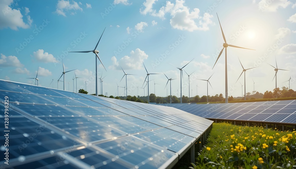 solar panels and wind turbines in field generating renewable energy ...