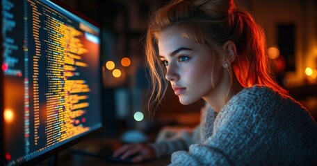 Young Asian Woman Working Late Night Reskilling in Technology Coding AI Cloud Cybersecurity Remote Office