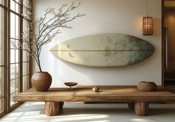 Wall Mural - surfboard in minimalist interior with natural light and wooden decor