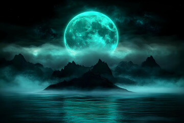 Poster - Teal Moonlit Mountainscape Illustration