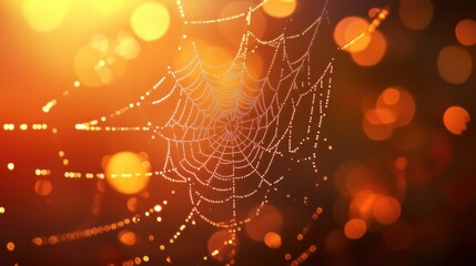 Wall Mural - Beautiful spider web in wild field with dew in morning in Spring.