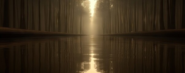 Mystical sunrise over calm canal, trees reflecting, tranquil forest. Website background