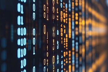 Digital data stream wall, glowing binary code, technology background, abstract concept, website design