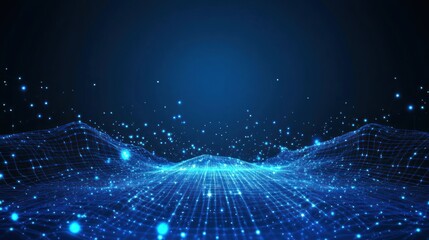 Abstract digital landscape with glowing lines and particles.