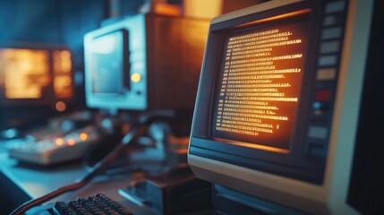 Poster - A close-up of a vintage computer with glowing programming code on the screen in a tech lab, highlighting the intricate details and retro technology from early computing days.